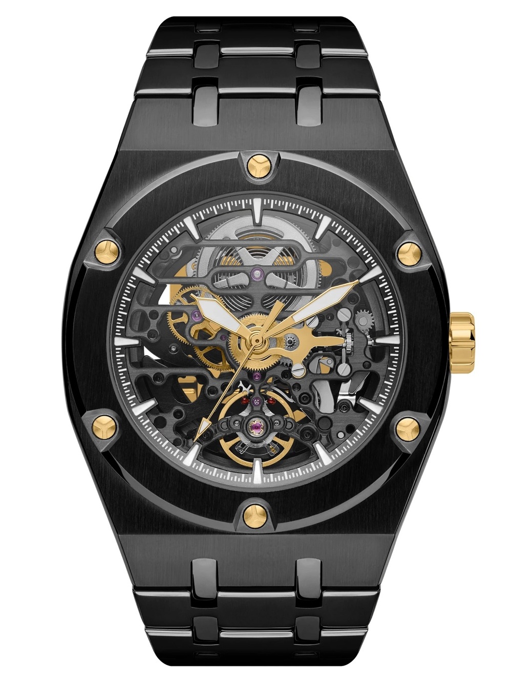 Mamut | Black Stainless Steel Automatic Skeleton Watch With Gold Movement Arkai